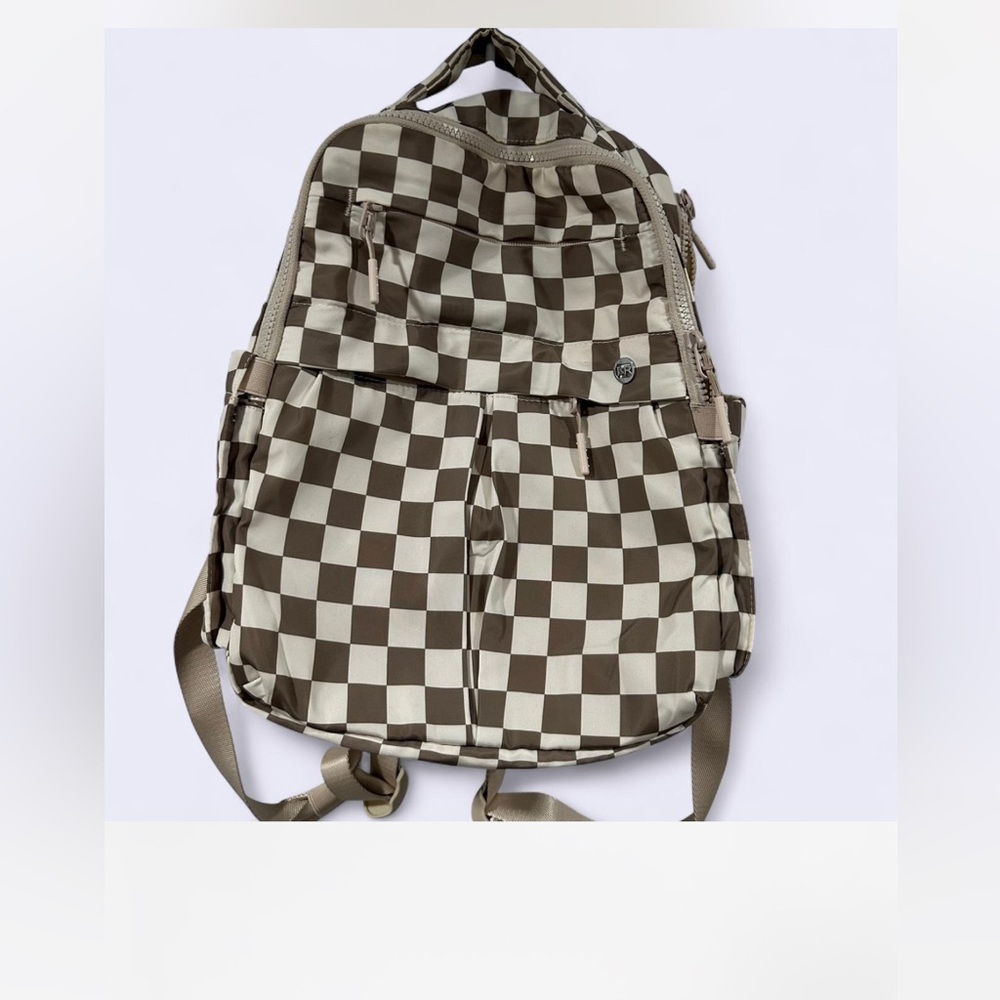 Brown and White Checkered Backpack